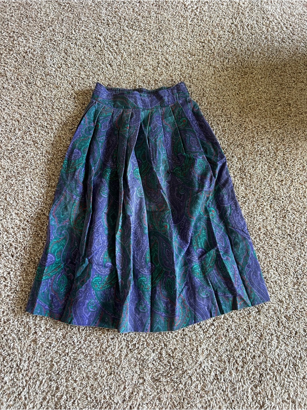 Vintage Purple and Green Paisley Pleated Midi Skirts